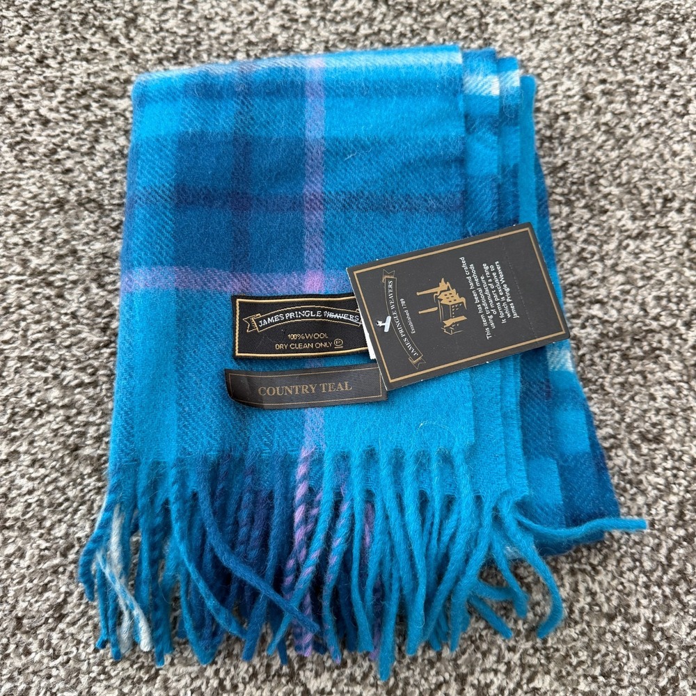 NWT James Pringle Weavers Wool Country Teal Tartan Plaid Scarf Pastel